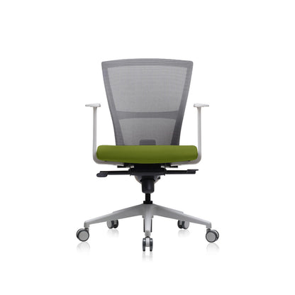 E1 Series Low Back Chair +Fixed Arms White/Green Fabric Seat
