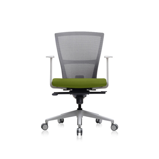 E1 Series Low Back Chair +Fixed Arms White/Green Fabric Seat
