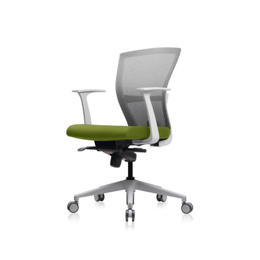 E1 Series Low Back Chair +Fixed Arms White/Green Fabric Seat