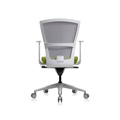 E1 Series Low Back Chair +Fixed Arms White/Green Fabric Seat