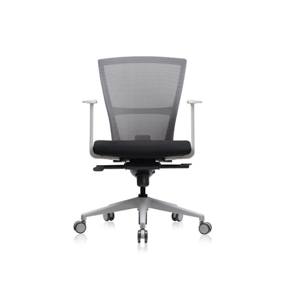 E1 Series Low Back Chair + Fixed Arms White/Grey Fabric Seat