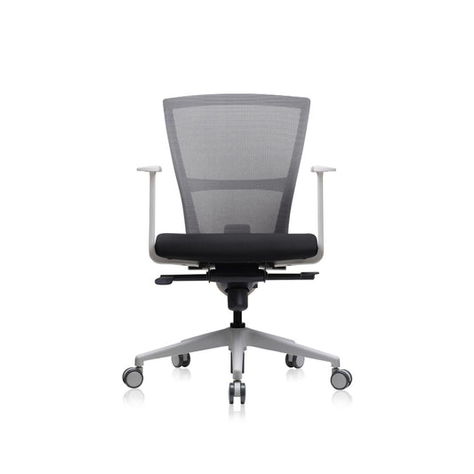 E1 Series Low Back Chair + Fixed Arms White/Grey Fabric Seat