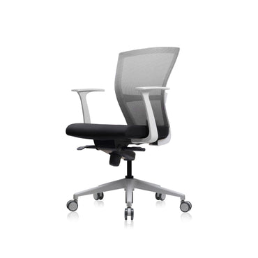 E1 Series Low Back Chair + Fixed Arms White/Grey Fabric Seat