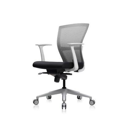 E1 Series Low Back Chair + Fixed Arms White/Grey Fabric Seat