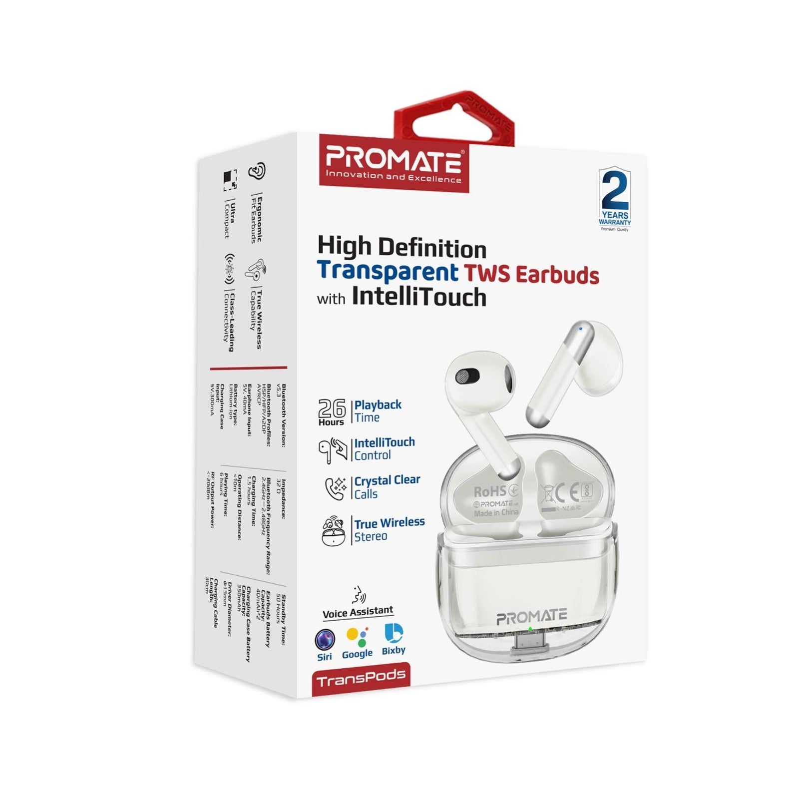 PROMATE HIGH DEFINITION TWS EARBUDS WITH INTELLITOUCH WHITE