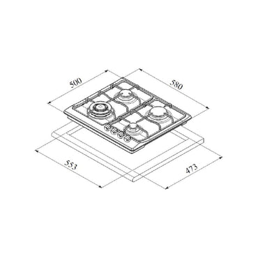 FLORA Hob 60Cm 4 Gas Burners Cast Iron Black