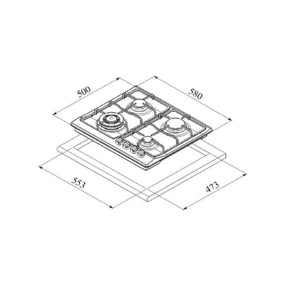 FLORA Hob 60Cm 4 Gas Burners Cast Iron Black