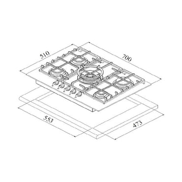 FLORA Hob 75Cm 5Gas Burners Full Safety Inox
