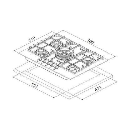 FLORA Hob 75Cm 5Gas Burners Full Safety Inox