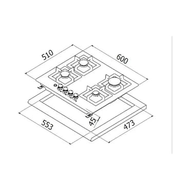 FLORA Hob 60 Cm 4 Gas Burners Cast Iron Safety Inox