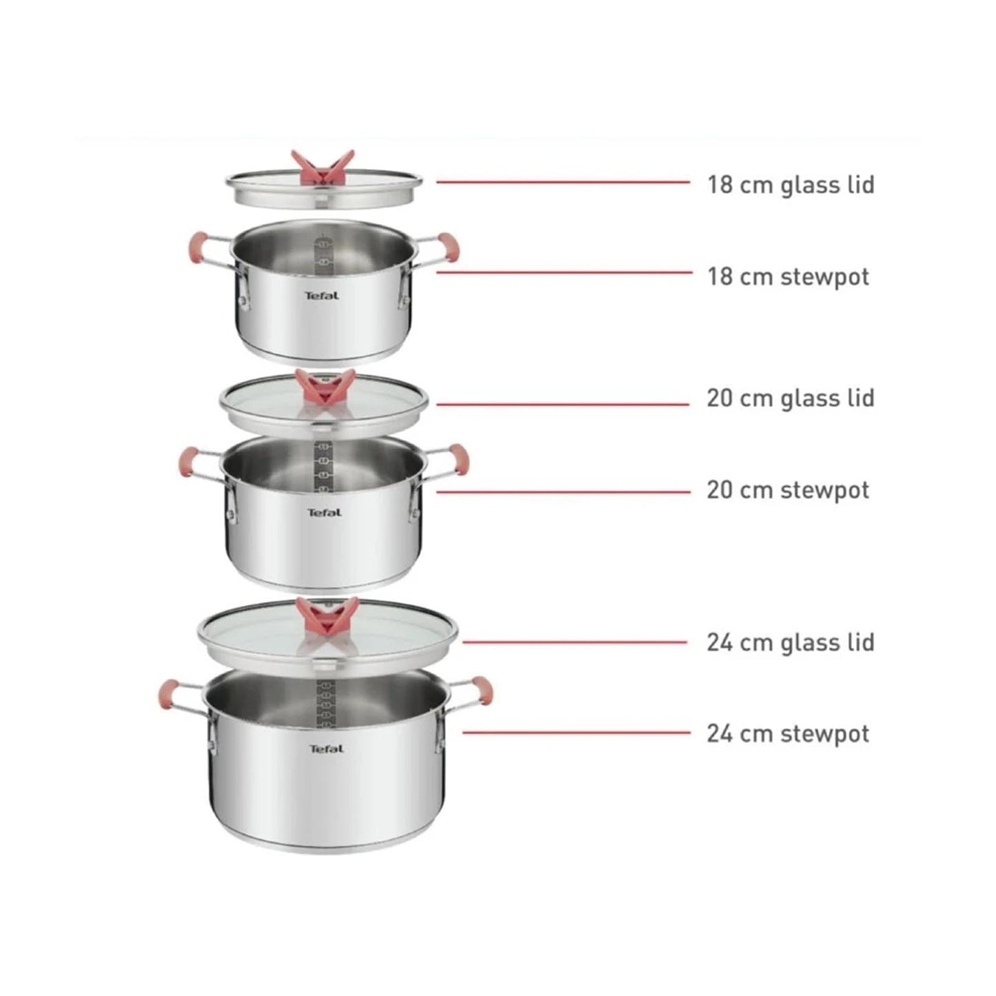 OptiSpace Stainless Steel  6 pcs Stewpots 18/20/24+lid (Orange) TEFAL