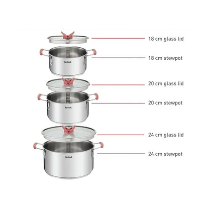 OptiSpace Stainless Steel  6 pcs Stewpots 18/20/24+lid (Orange) TEFAL