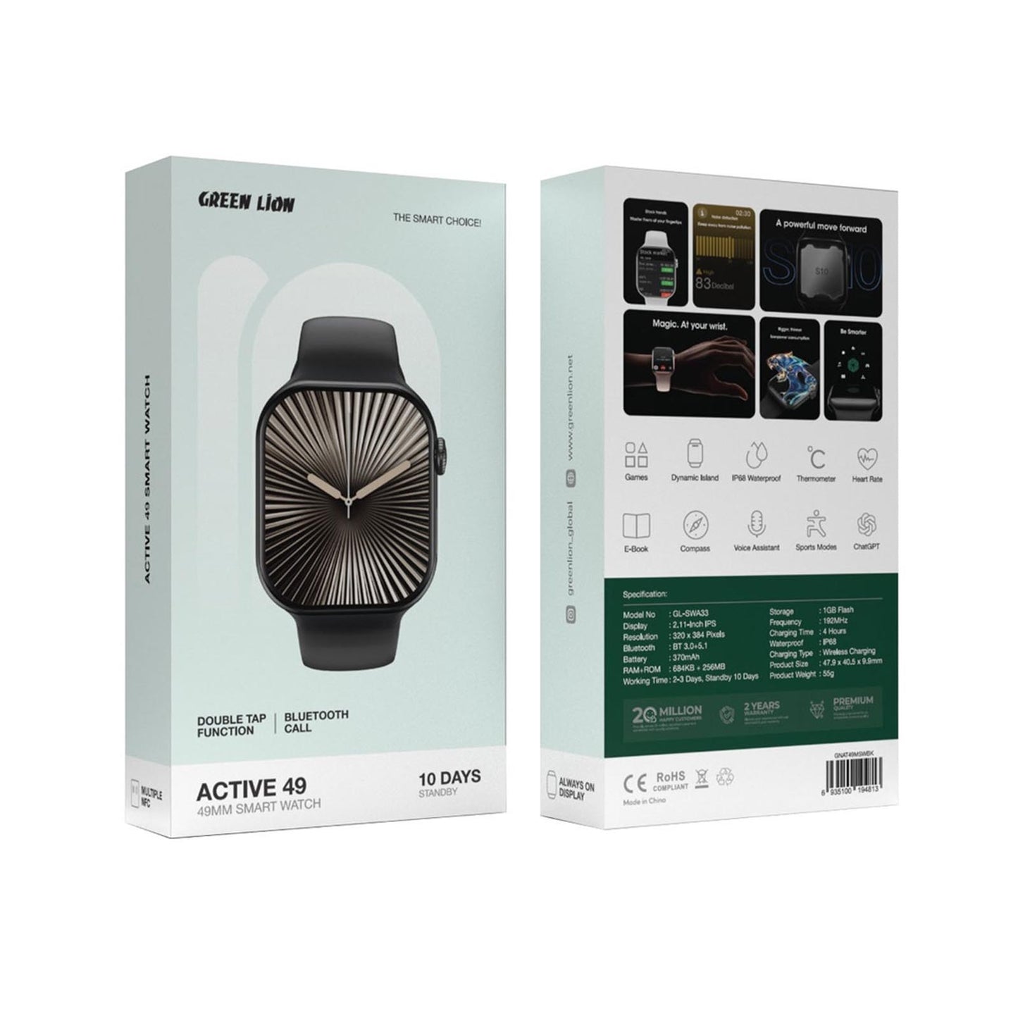 Green Lion Active 49 - 49MM Smart Watch - Black Black GREEN LION