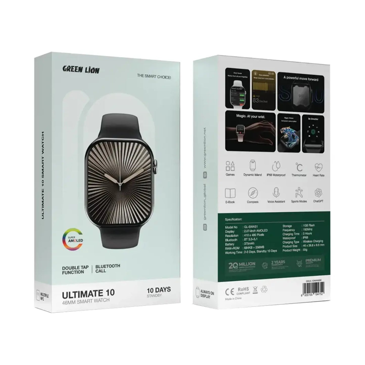 Green Lion Ultimate 10 46MM Smart Watch - Black