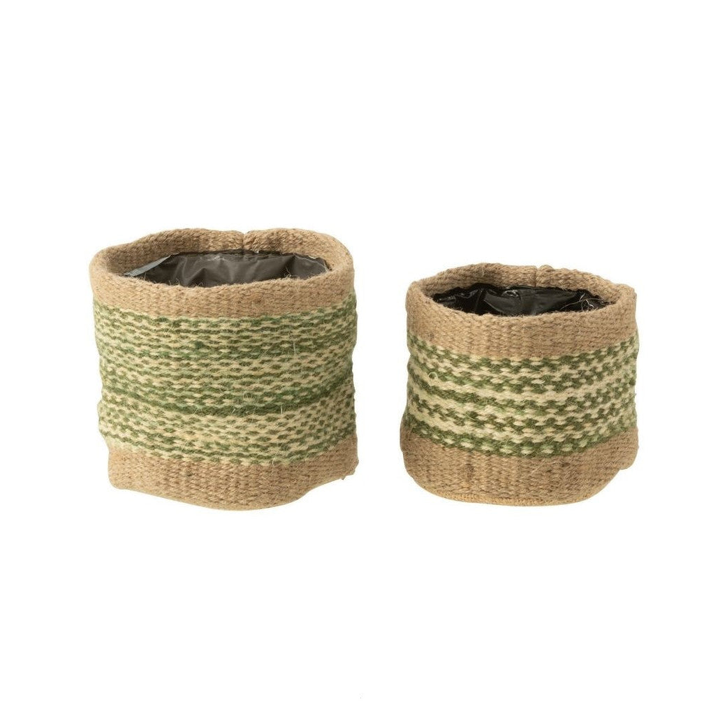 Basket Round+band Jute Natural/green (12x12x12cm)