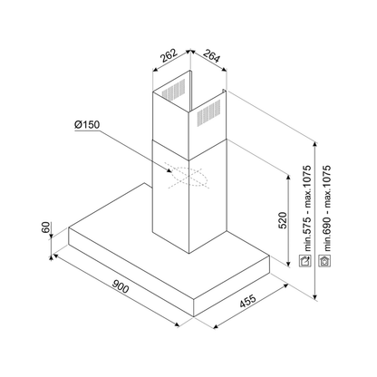 SMEG Wall Mounted Hood 90 cm Tshape 705 m3/h Stainless Steel