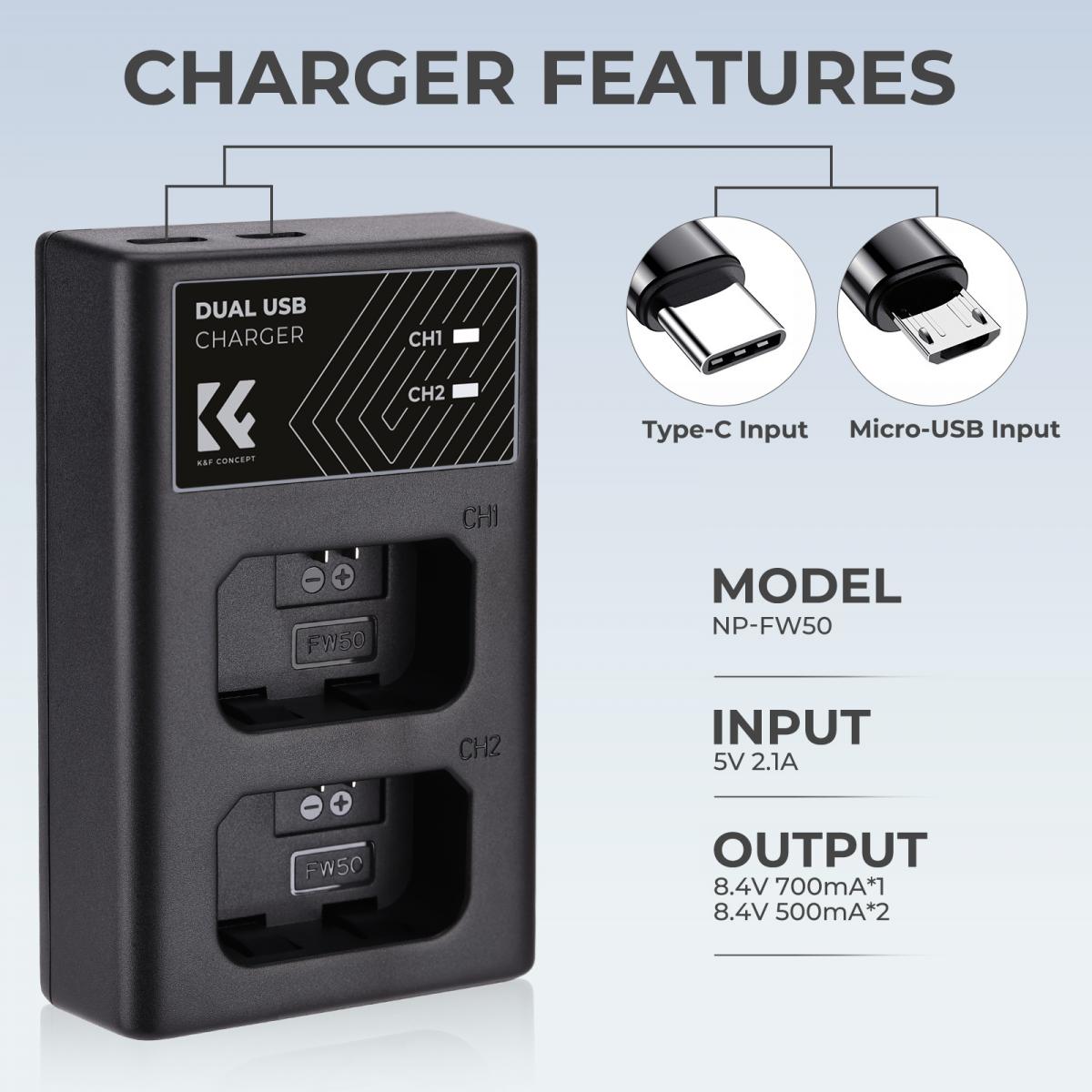 K&F NP-FW50 Dual Battery Charger