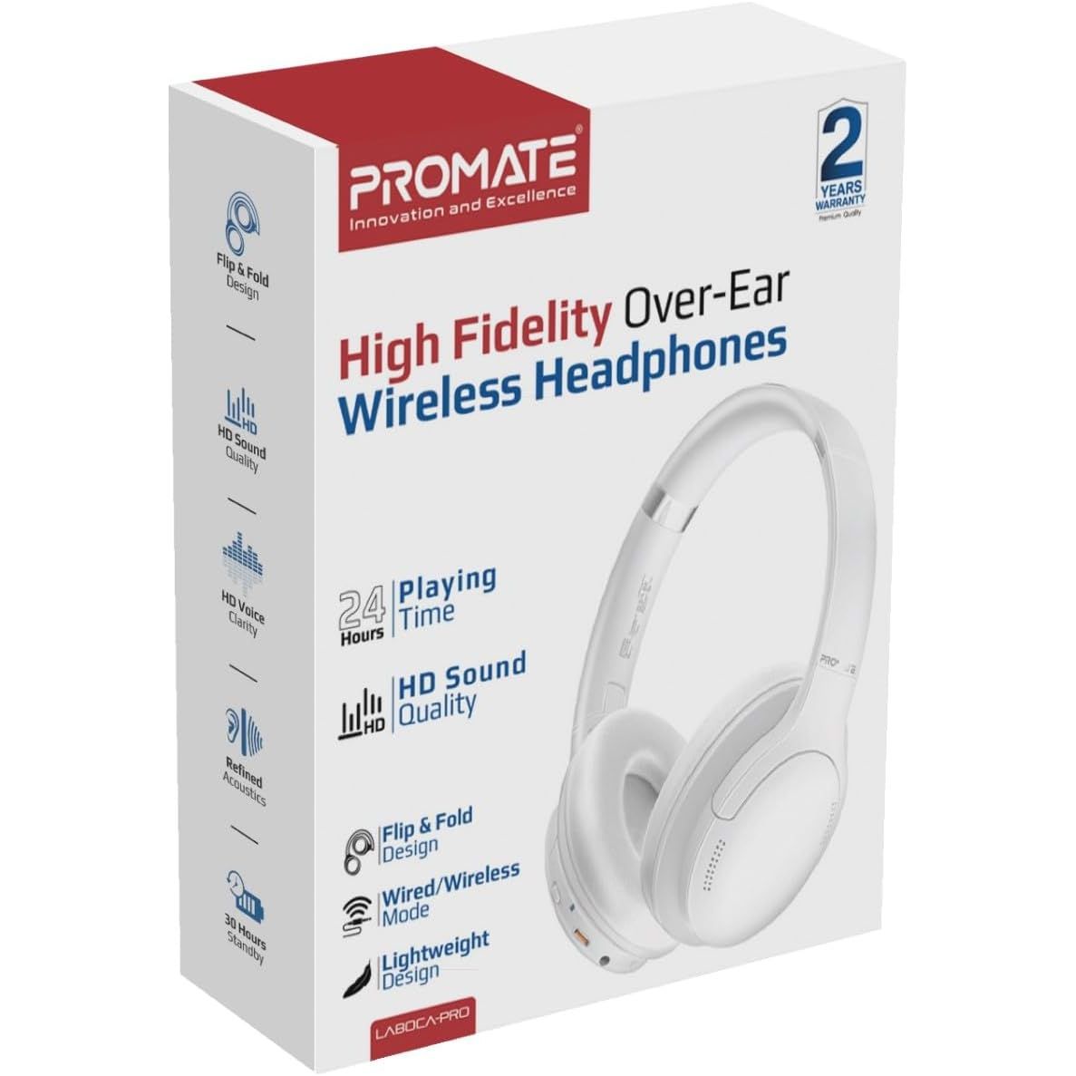 PROMATE Deep Bass Over-Ear Wireless Headphones - White