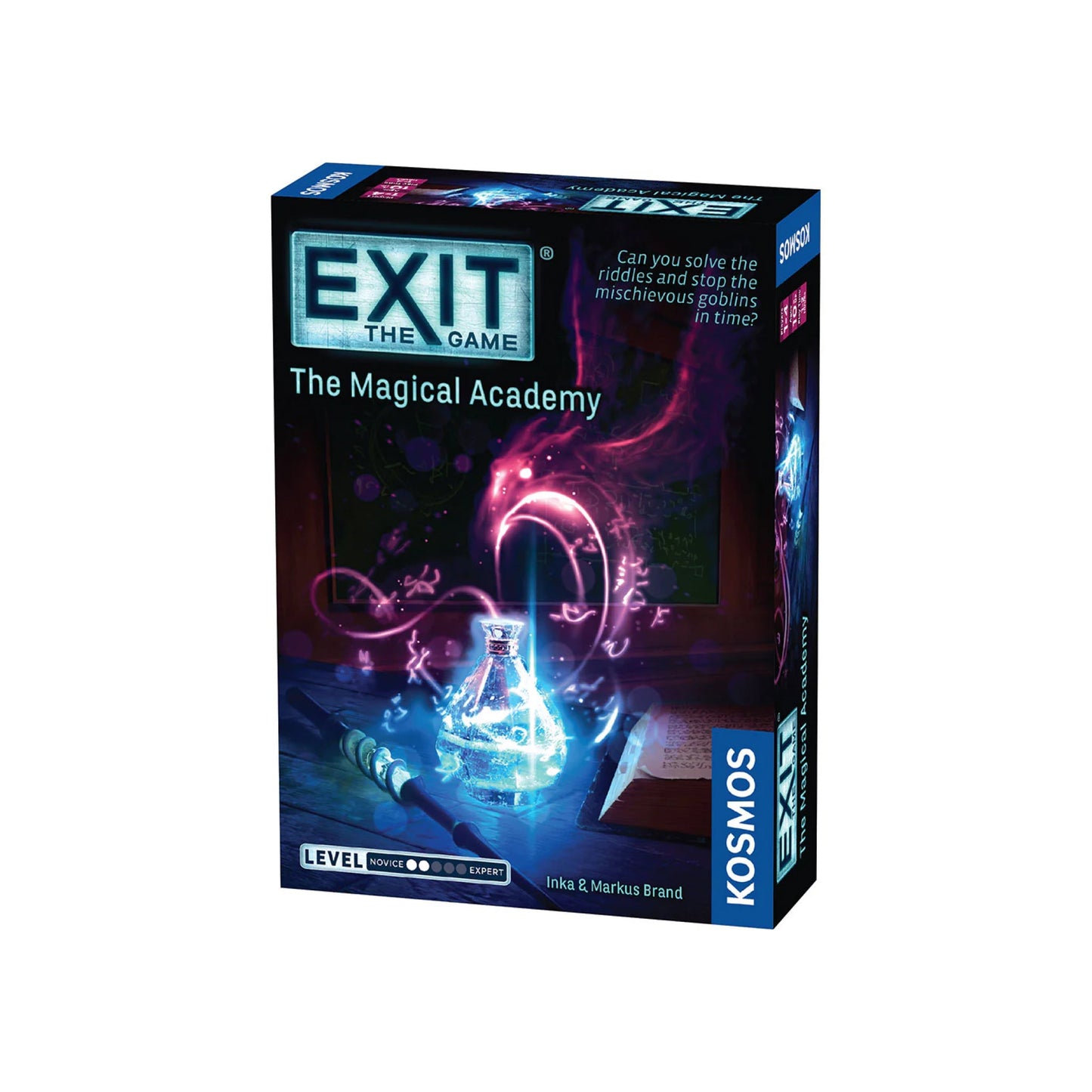 Box of the board game 'Exit: The Magical Academy' featuring artwork with a magical academy setting, spells, and a mystical creature.