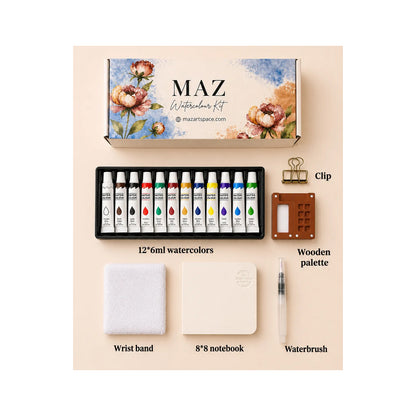 MAZ Watercolor Painting Kit – 12 Colors, Brush & 8×8 Watercolor Paper MAZ