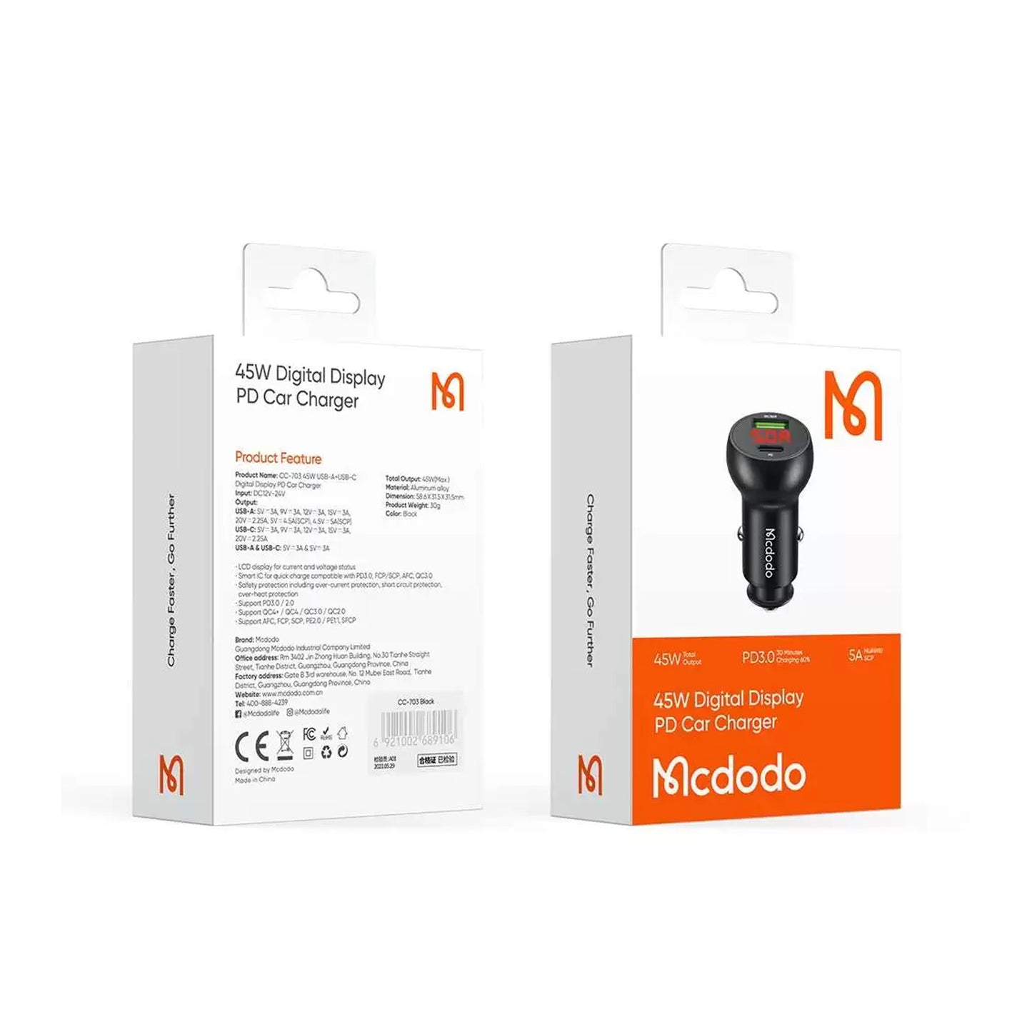 Mcdodo Cc-7030 45W Digital Display Pd Car Charger Blk