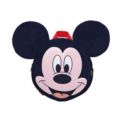 A Mickey Mouse-shaped backpack or bag with a round face design, featuring black ears, a pink face, black nose and outlines, and a small red top accent, shown on a plain white background.