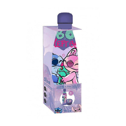 A bottle of water with a purple cap and a matching decorative cardboard sleeve, featuring cartoon characters including Stitch and Angel on a white background.