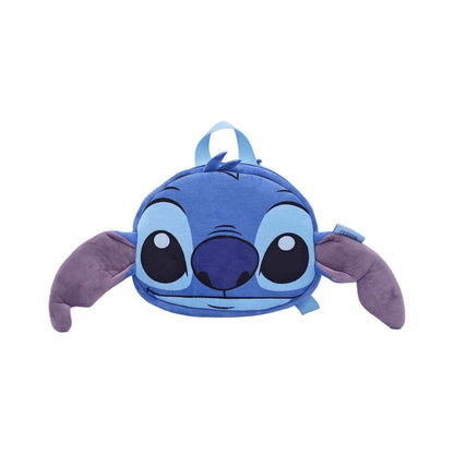 A plush character backpack shaped like Stitch from Lilo & Stitch, featuring blue and purple colors, photographed on a solid white background.