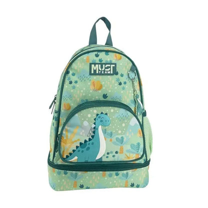 A green and blue dinosaur-themed school backpack with a front pocket, top handle, and side mesh pocket, shown on a plain white background.