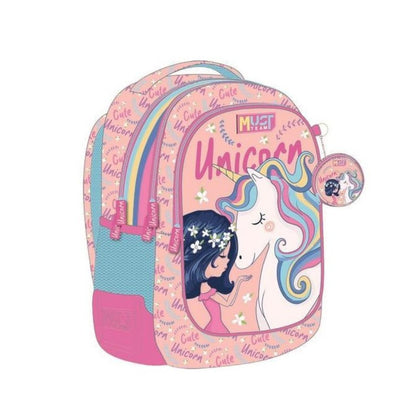 Shop the Must Team 17" Girl & Unicorn 3-Compartment Backpack! Features whimsical graphics, 3 zippered cases, ergonomic padded straps, and durable fabric.