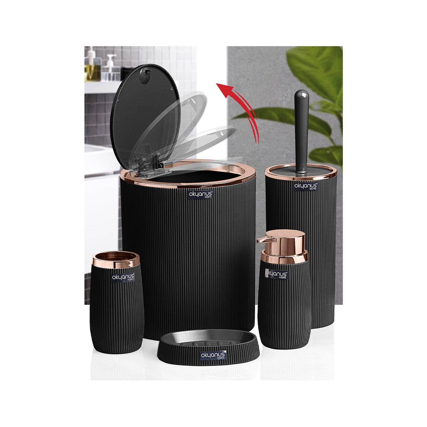 Stripe Round Bathroom Set 5 pcs - Gold / Black