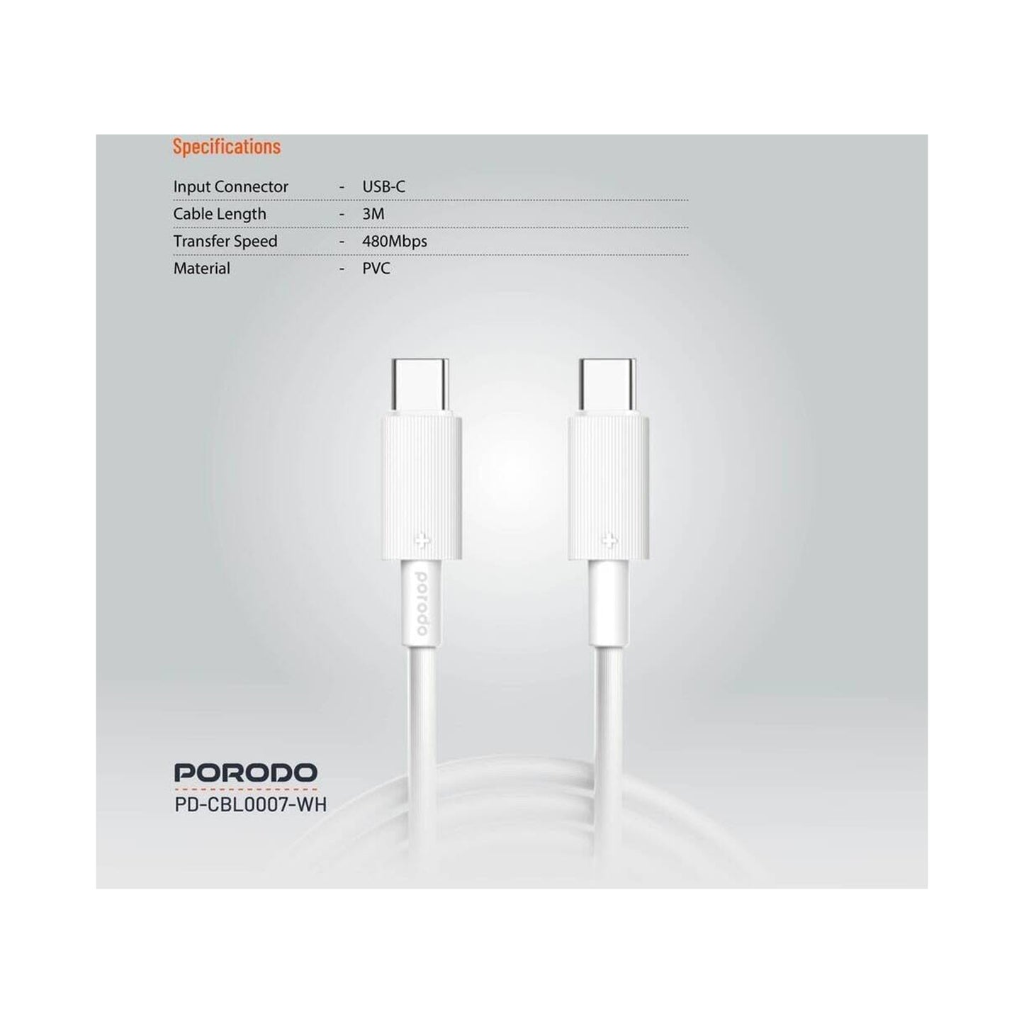 PORODO Type-C to C PVC Cable 3m - White
