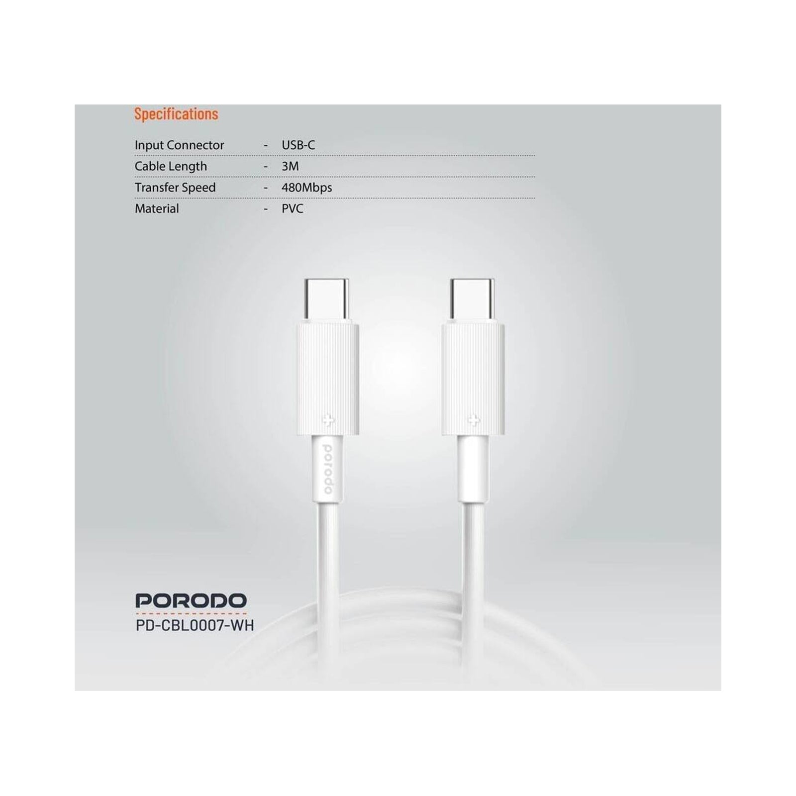 PORODO Type-C to C PVC Cable 3m - White