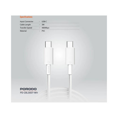 PORODO Type-C to C PVC Cable 3m - White