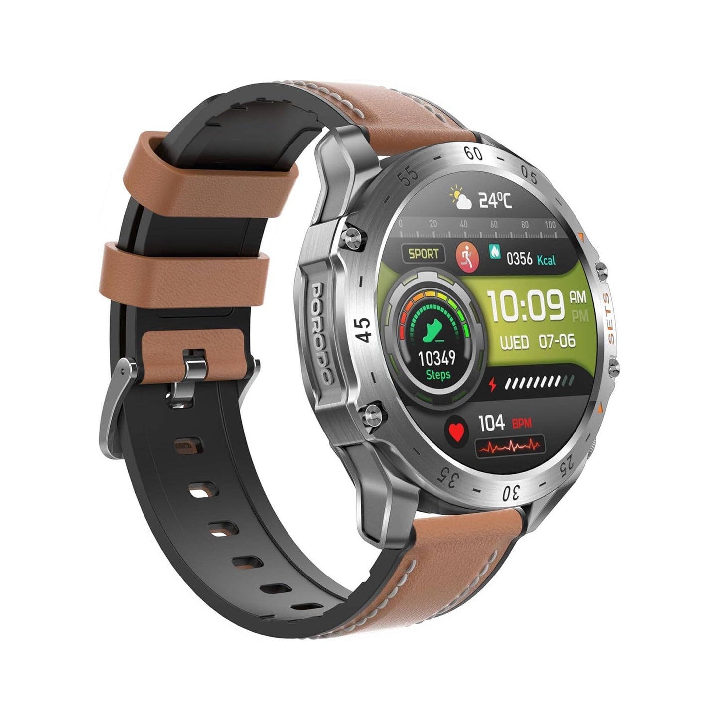 Porodo Hype Smart Watch with Earbuds and Brown Leather Band PORODO