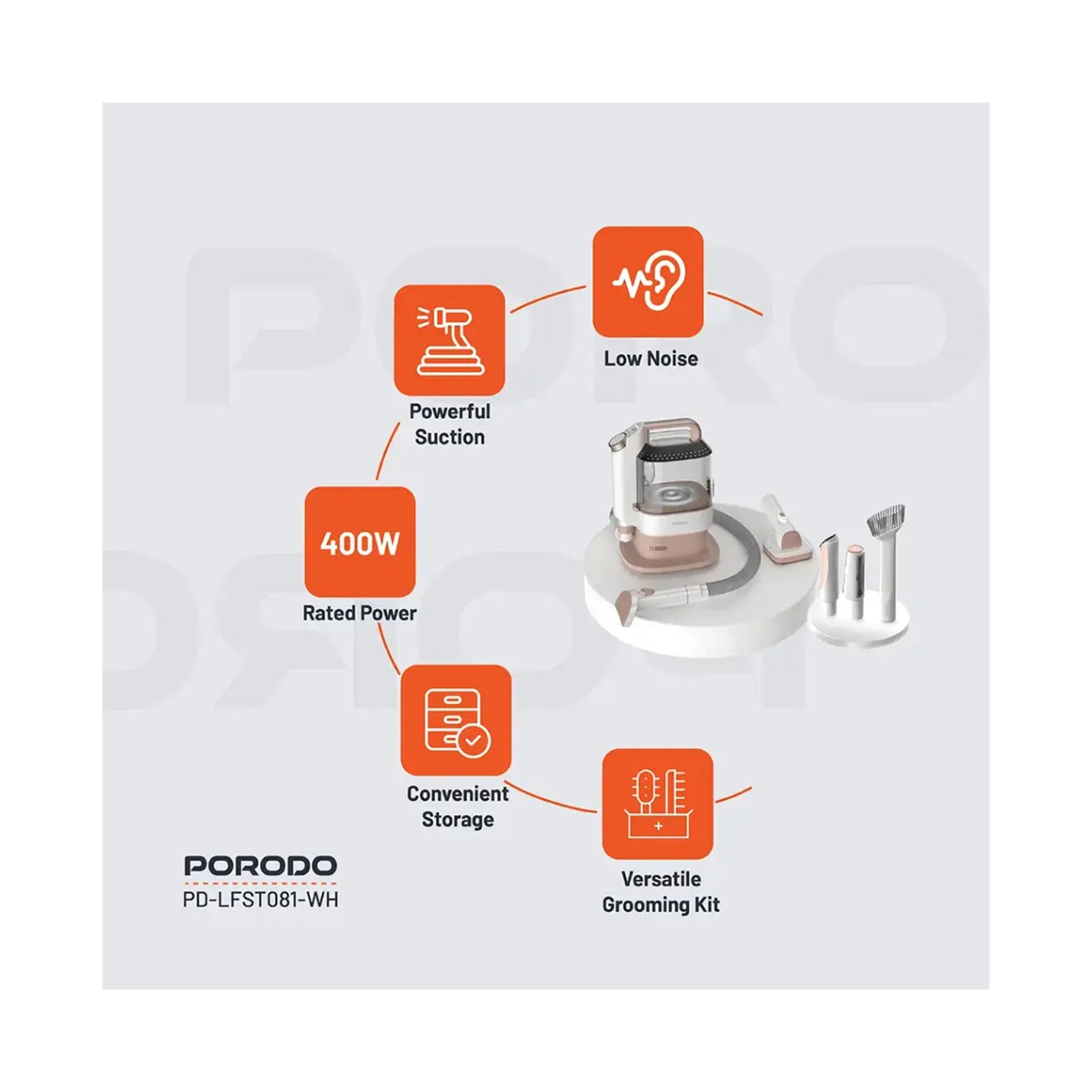 Porodo  Pet Grooming Kit Trimmer & Vacuum - White