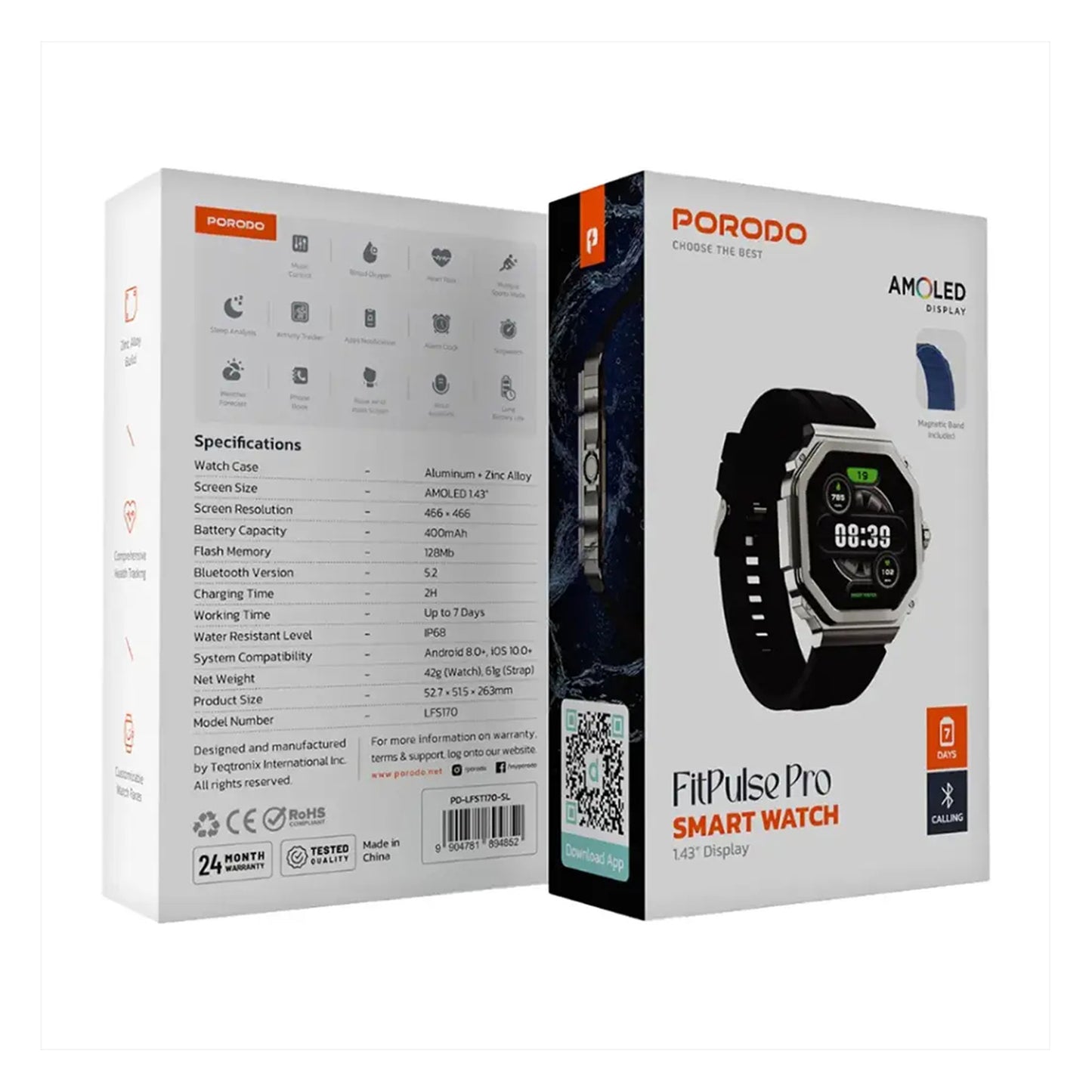 Porodo FitPluse Pro 1.43" Smart Watch Silver Orange Strap