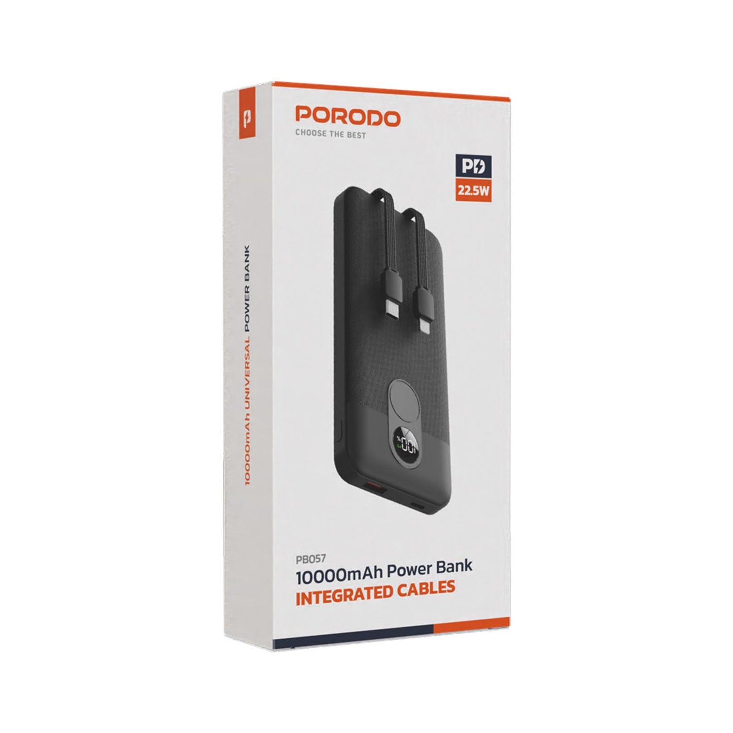 PORODO 10000mAh Powerbank 2xType-C & Lightning Cable - Black