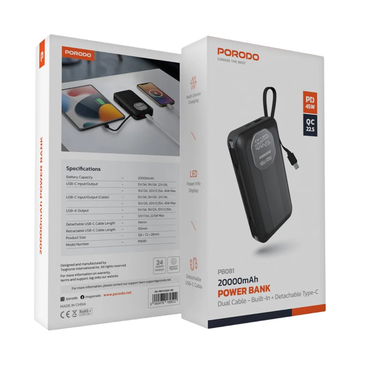 PORODO 45W Power Bank 20000mAh - Black