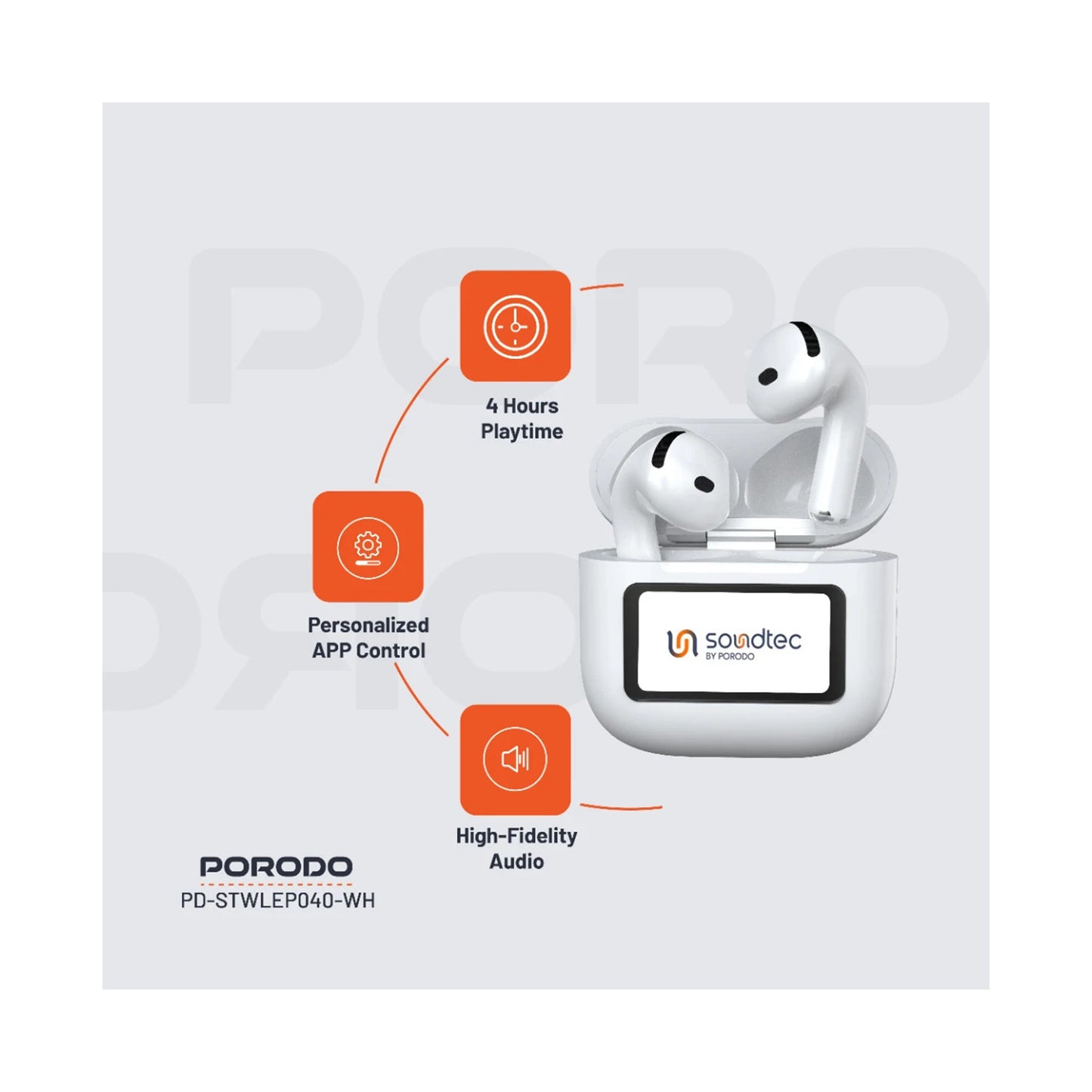 PORODO Soundtec ANC+ENC Earphone with Touch Screen - White