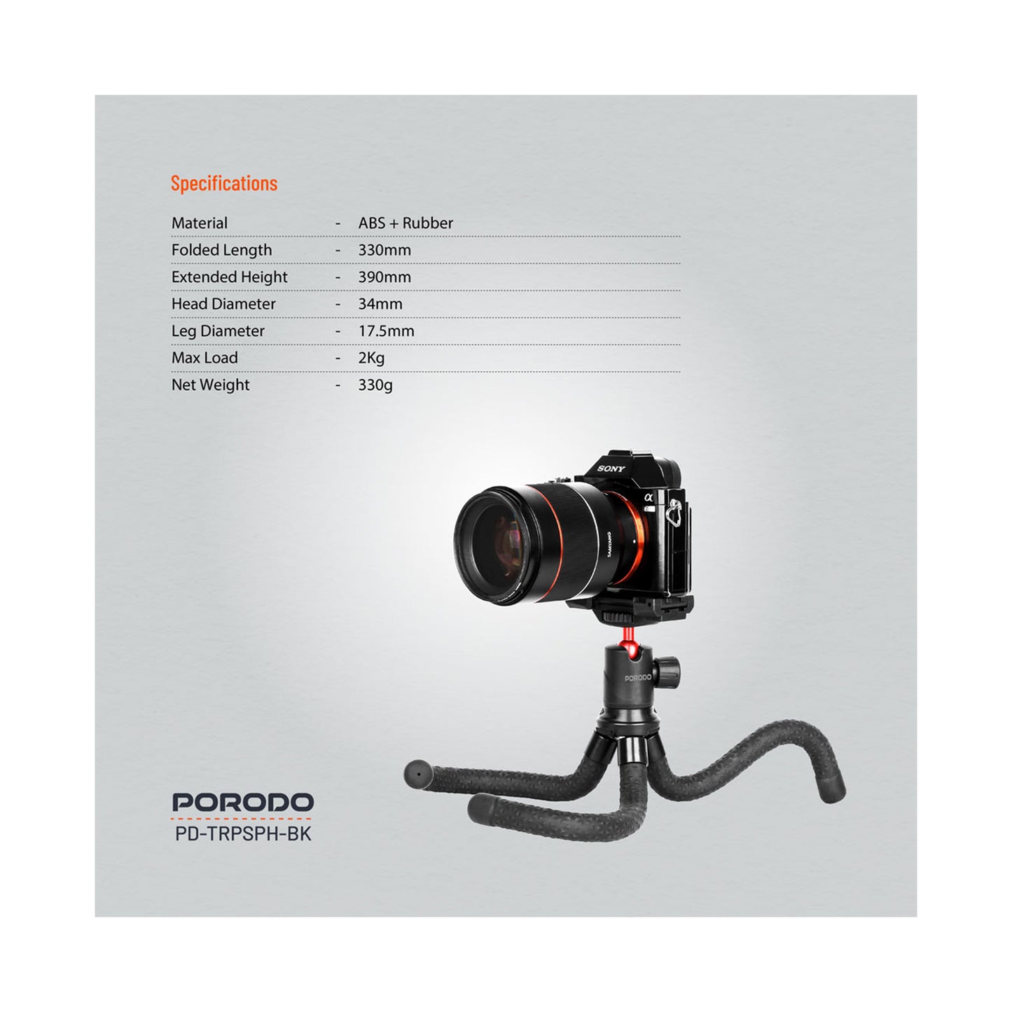 Porodo Flexible Foldable Extendable Tripod with Phone Holder