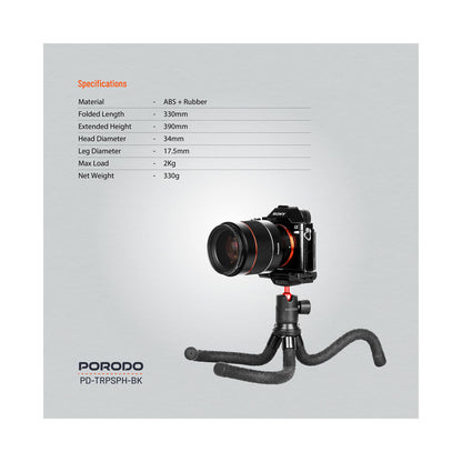 Porodo Flexible Foldable Extendable Tripod with Phone Holder