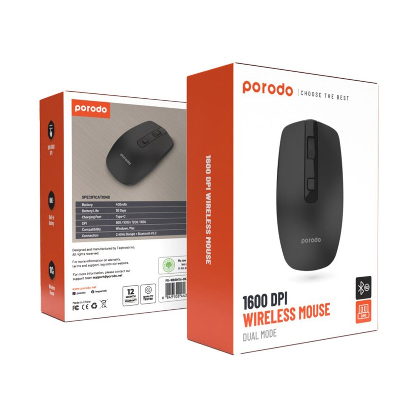 PORODO Wireless and Bluetooth Rechargeable Mouse - Black