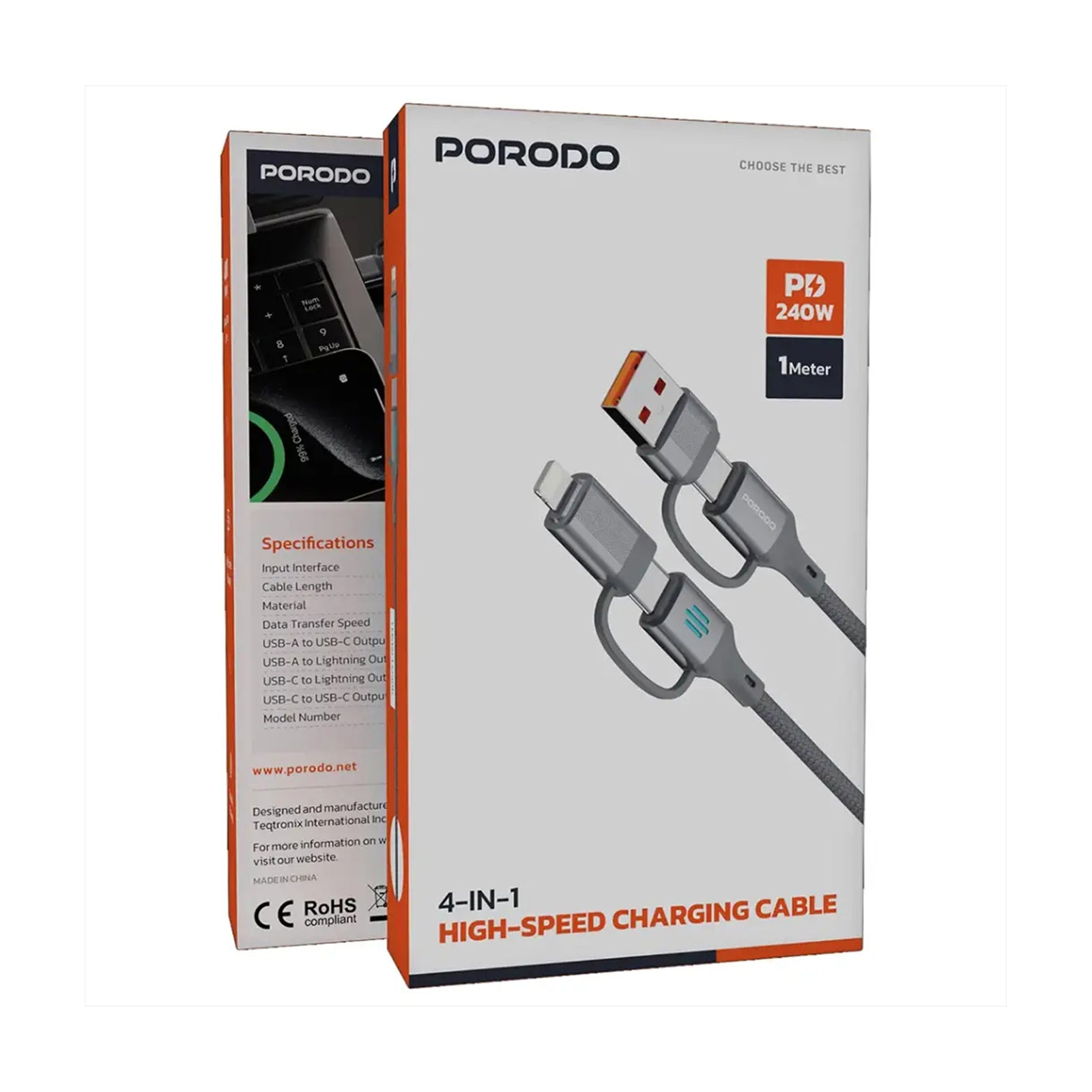 Porodo 4-In-1 High-Speed Charging Cable - Gray