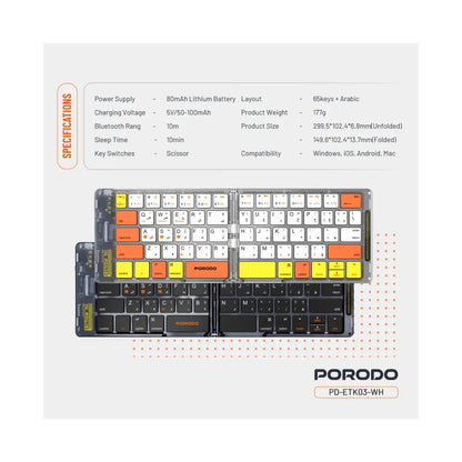 Porodo Crystal Shell Transparent Bluetooth Folding Keyboard