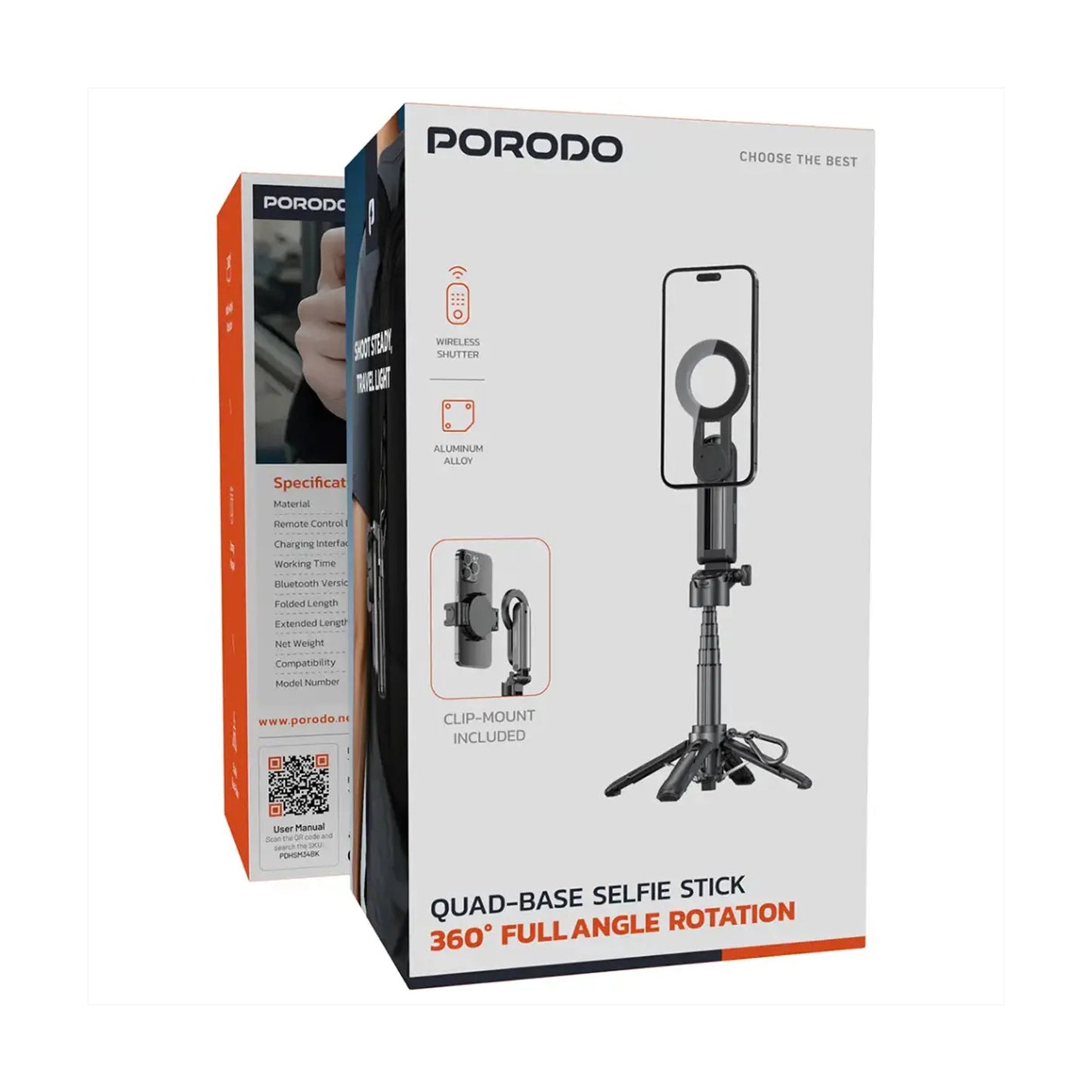 Porodo Selfie stick Aluminum alloy tube 55 mah type C- Black