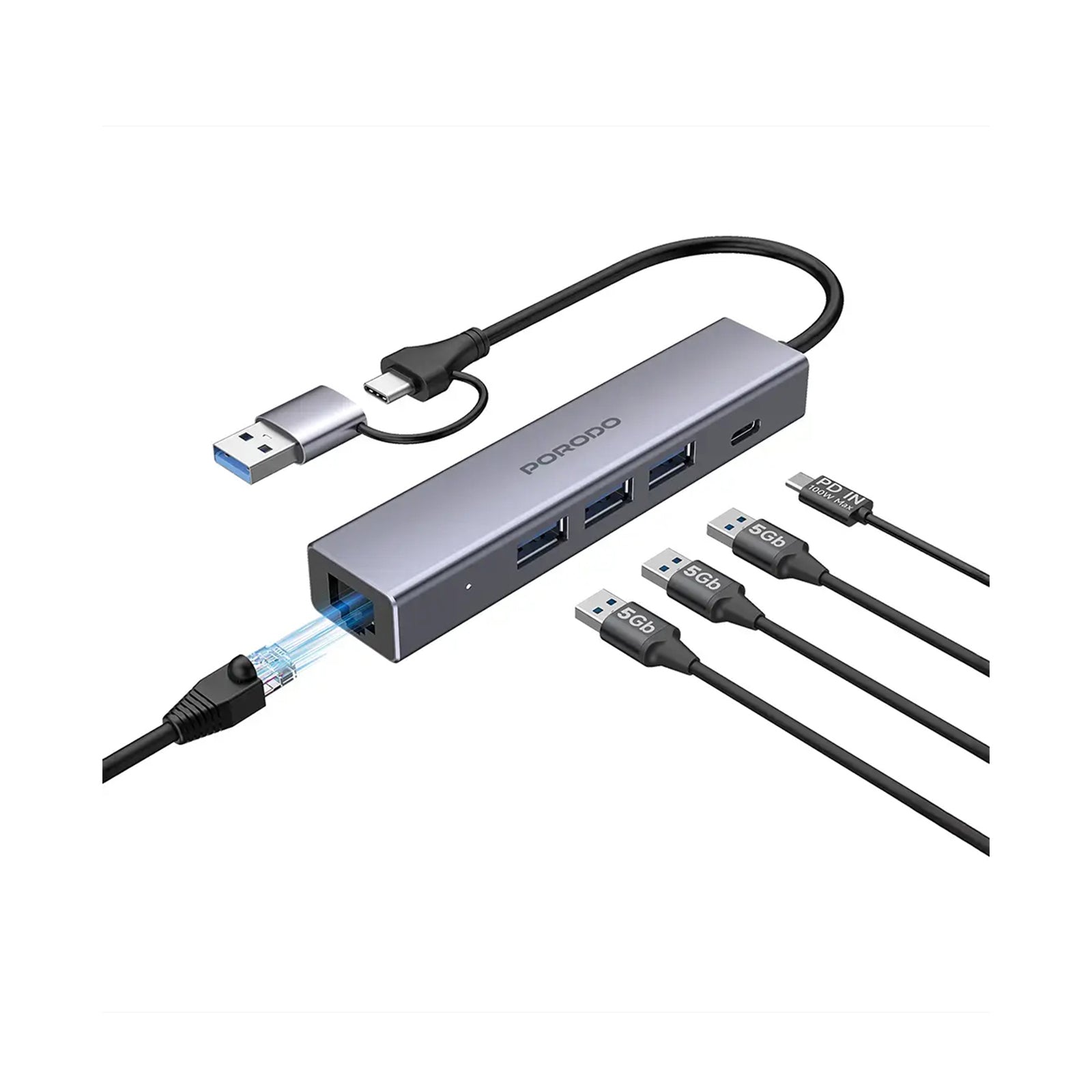 Porodo 5-1 Hub with Interchangable Heads PD100w 1000M RJ45