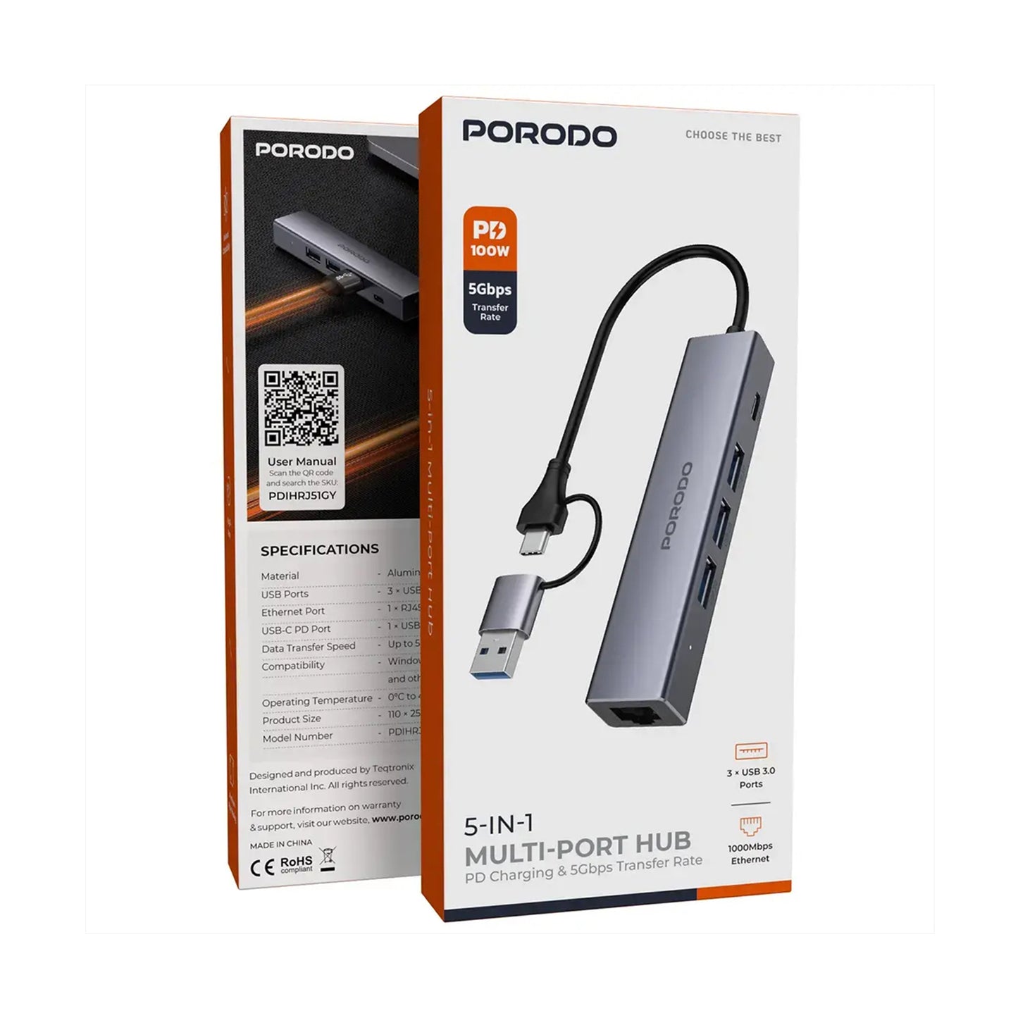 Porodo 5-1 Hub with Interchangable Heads PD100w 1000M RJ45