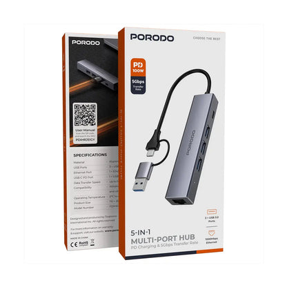 Porodo 5-1 Hub with Interchangable Heads PD100w 1000M RJ45