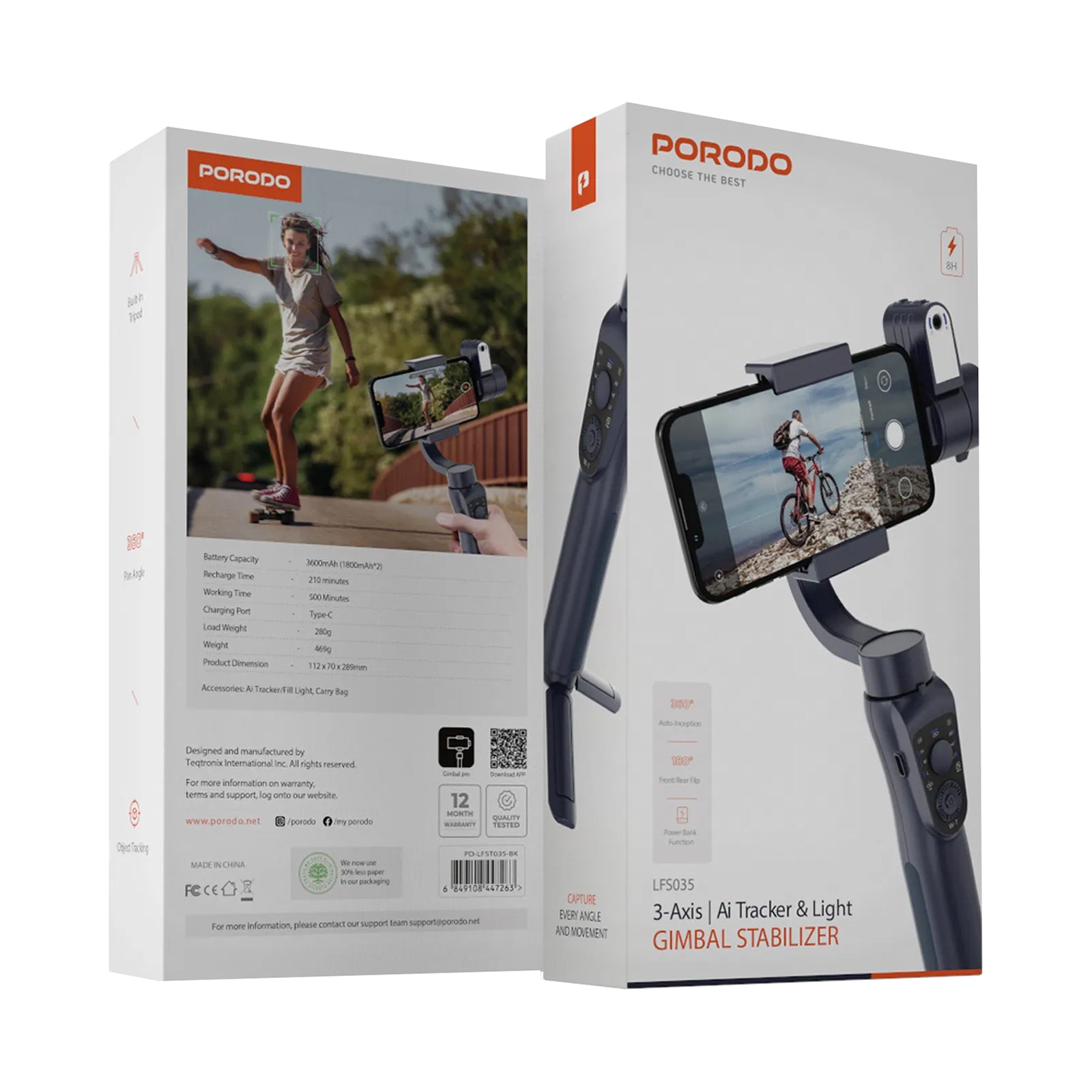 PORODO Anti-Shake Gimbal With AI Tracker - Black
